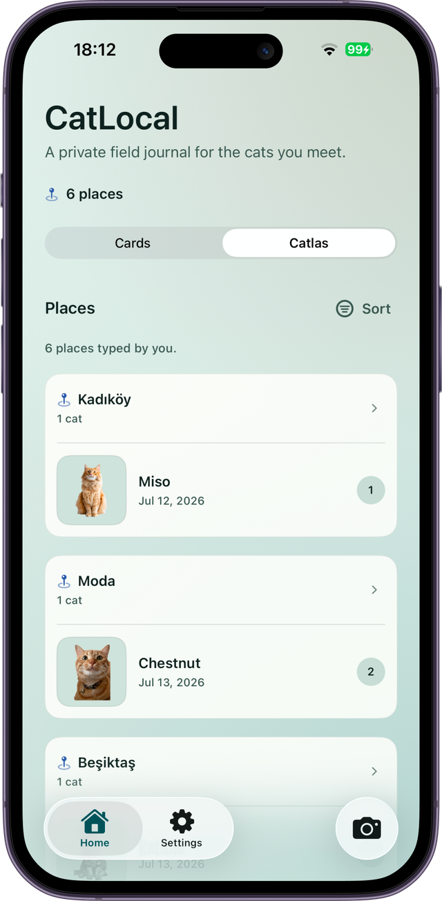 CatLocal’s Catlas screen inside an iPhone, showing collectible cards grouped by typed Memory Places.